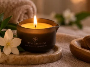 Warm candle massage oil being applied during a spa treatment at Little Jasmine in Brighton