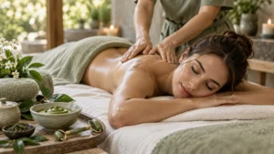 Woman receiving a relaxing back massage with matcha spa products and a jade roller beside the treatment bed