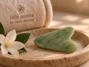Green Gua Sha facial massage tool prepared for a treatment add-on at Little Jasmine in Brighton