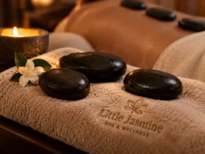 Heated basalt stones prepared for a massage treatment add-on at Little Jasmine in Brighton