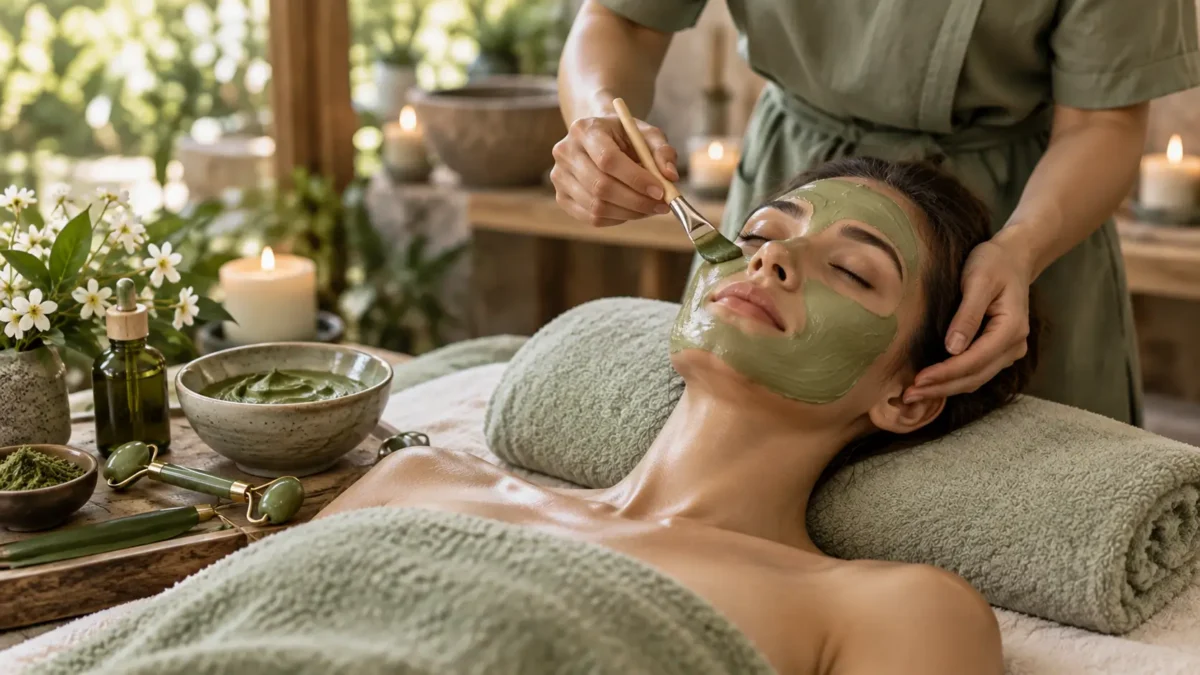 Woman receiving a botanical matcha facial with a green clay mask in a relaxing spa treatment room