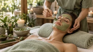 Woman receiving a botanical matcha facial with a green clay mask in a relaxing spa treatment room